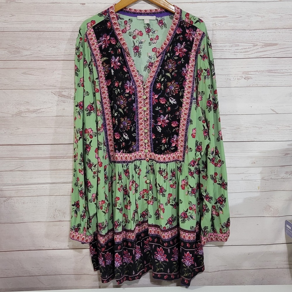 Woman Within Peasant Top Womens Plus Size 3X Green Floral Button Up Peplum Fairy